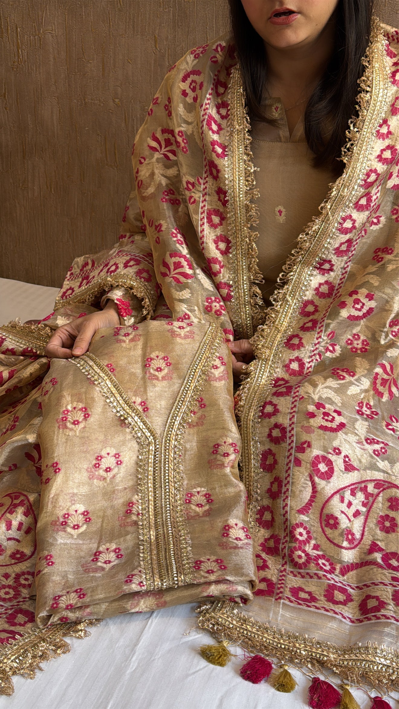 Vivah edit - Golden tissue silk jamdani meenakari weaving hand embroidered suit set