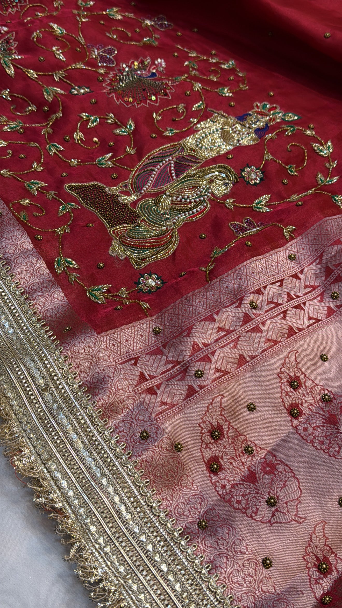 Dulhan ka joda husn red tissue silk hand embroidered kadhwa saree