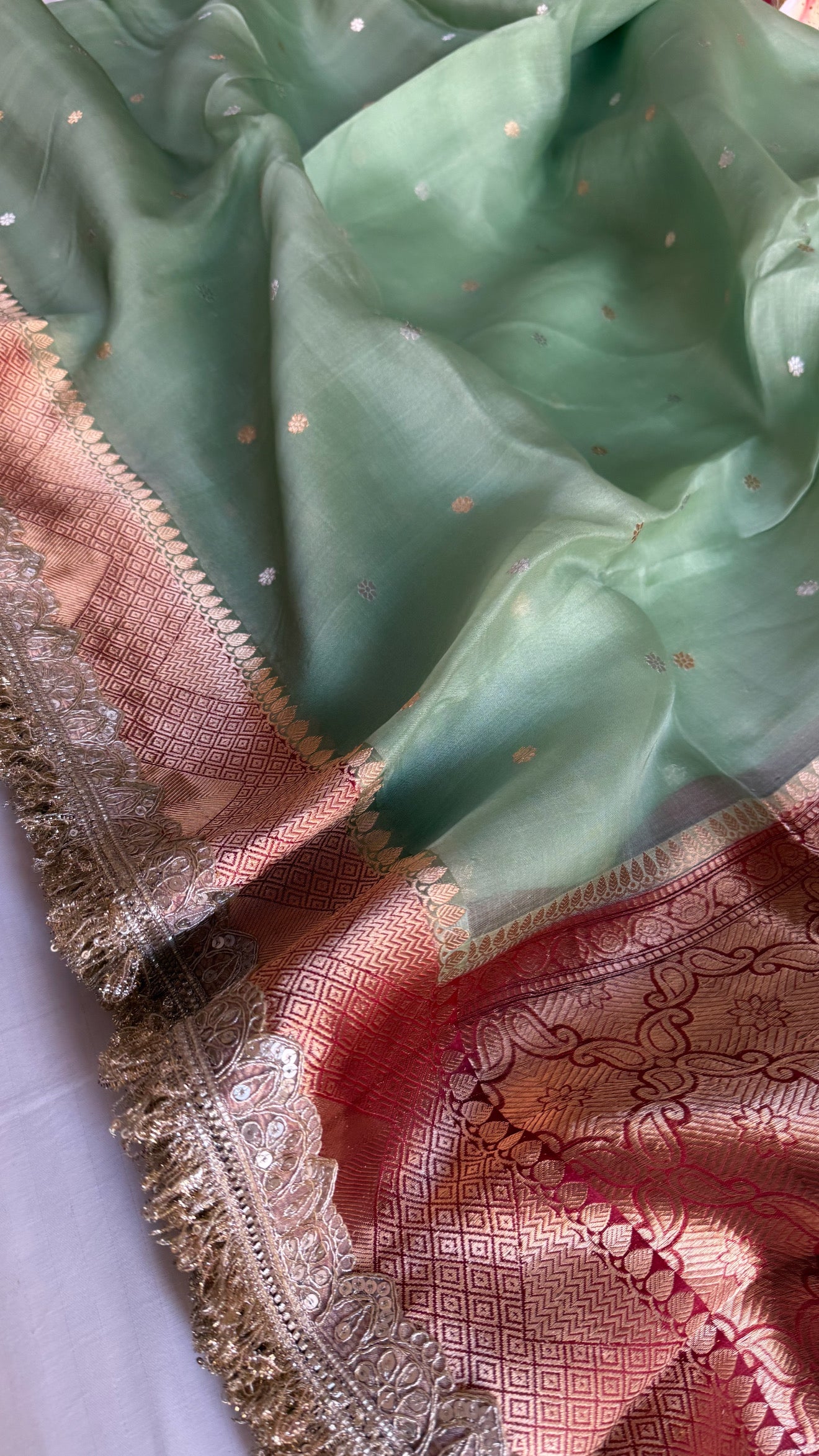 Mint green -Red combination chap dye kora silk banarasi saree