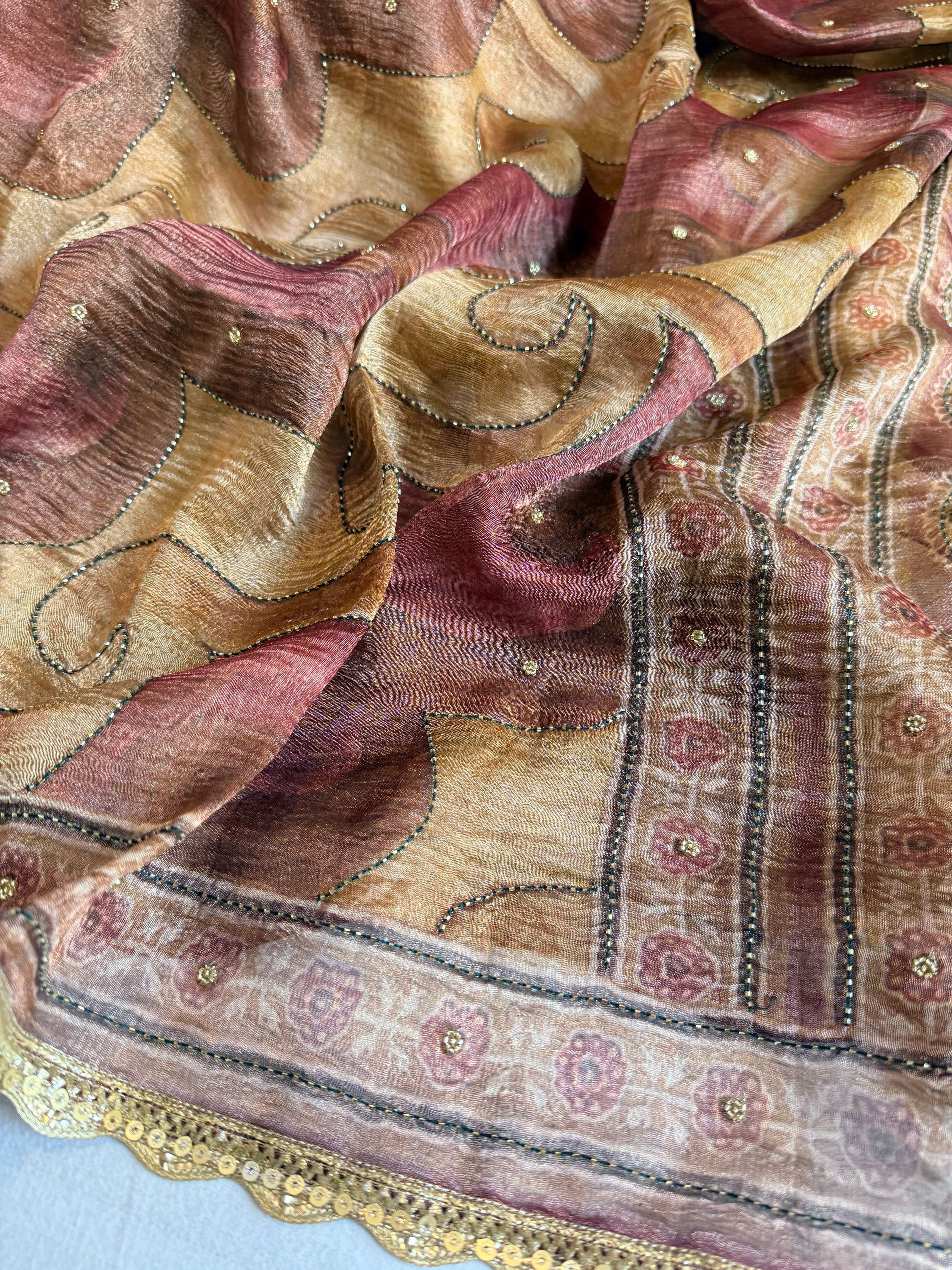 Printed tissue silk hand embroidered kadhwa gotapatti saree