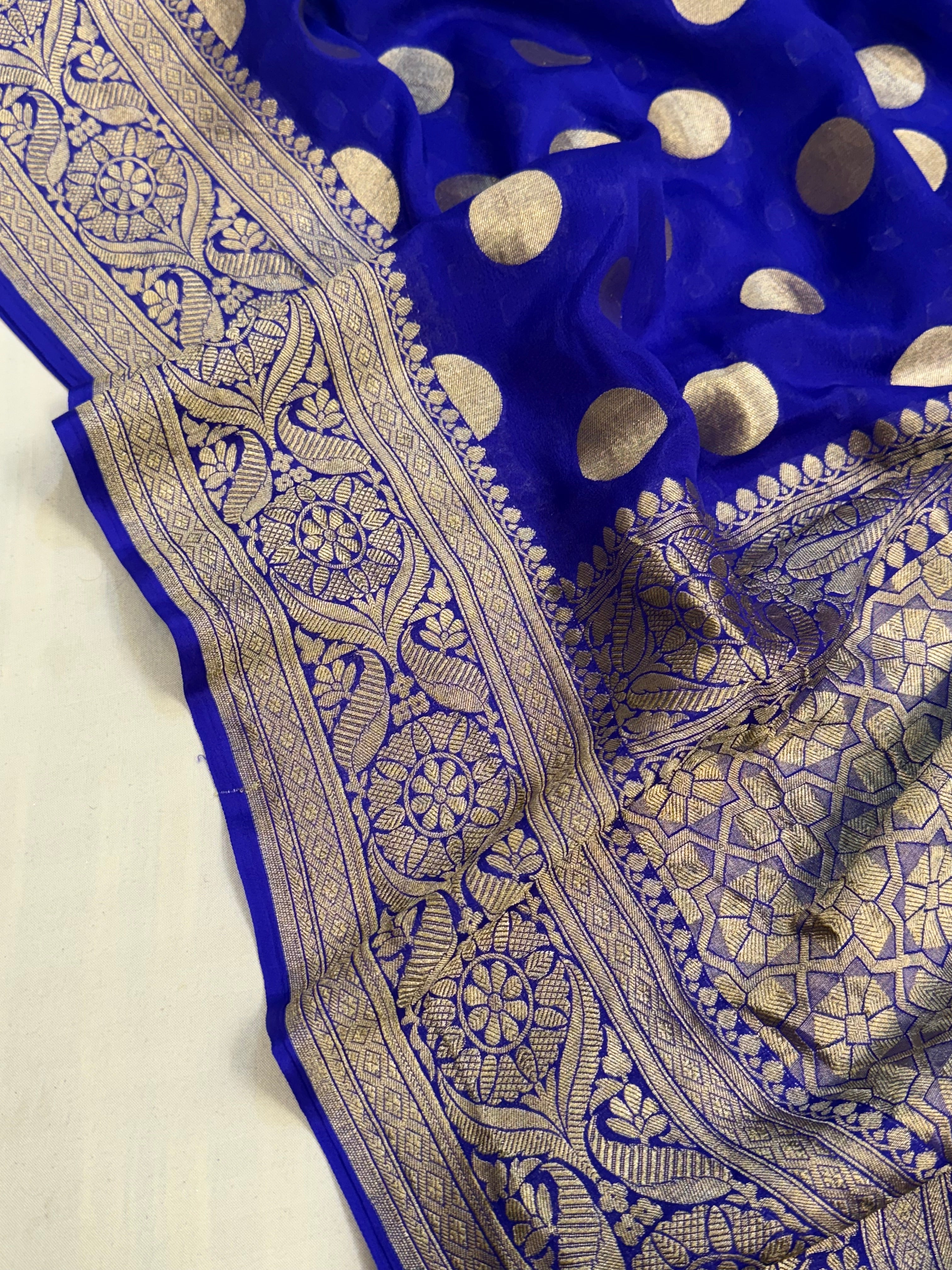 Ink blue banarasi gorgette round buti kadhwa saree