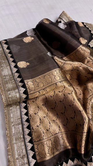 Maharani metallic grey tissue silk kadhwa buti saree