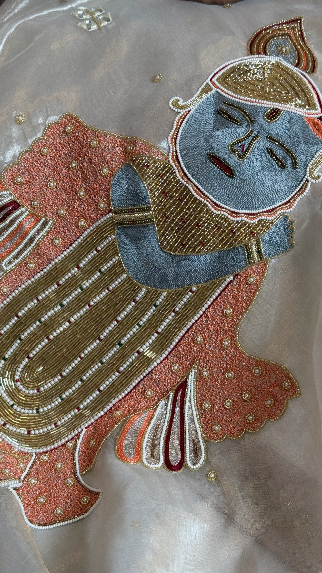 Radhika merchant inspired shreenathji motif diamond tissue silk hand embroidered saree