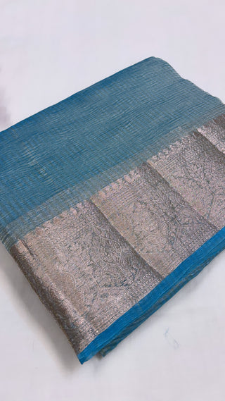 Pure banarasi firozi blue crushed tissue silk handwoven kadhwa saree with intricate border and kadhwa blouse