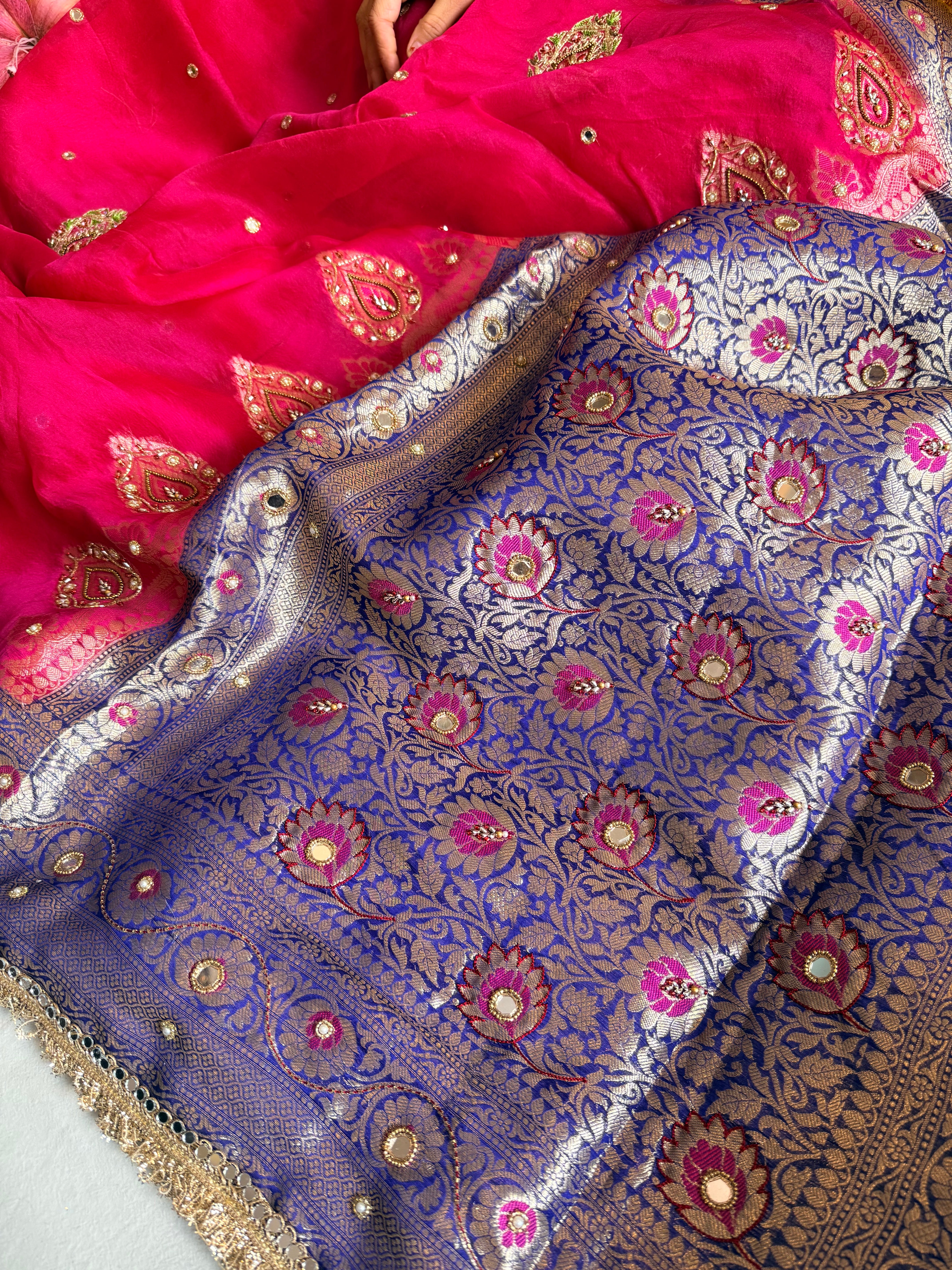 Husn ganga jamuna contrast border kora silk hand embroidered saree