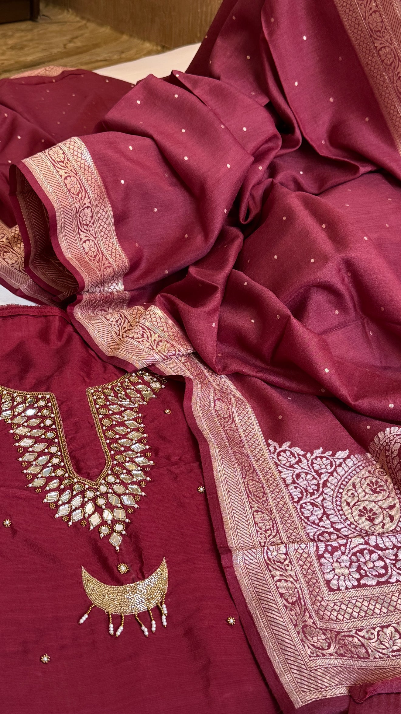 Sheesham maroon mirror work katan silk kadhwa hand embroidered suit set