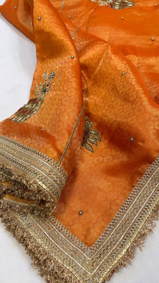 Baarat wali saree - Fanta orange husn tissue silk hand embroidered saree