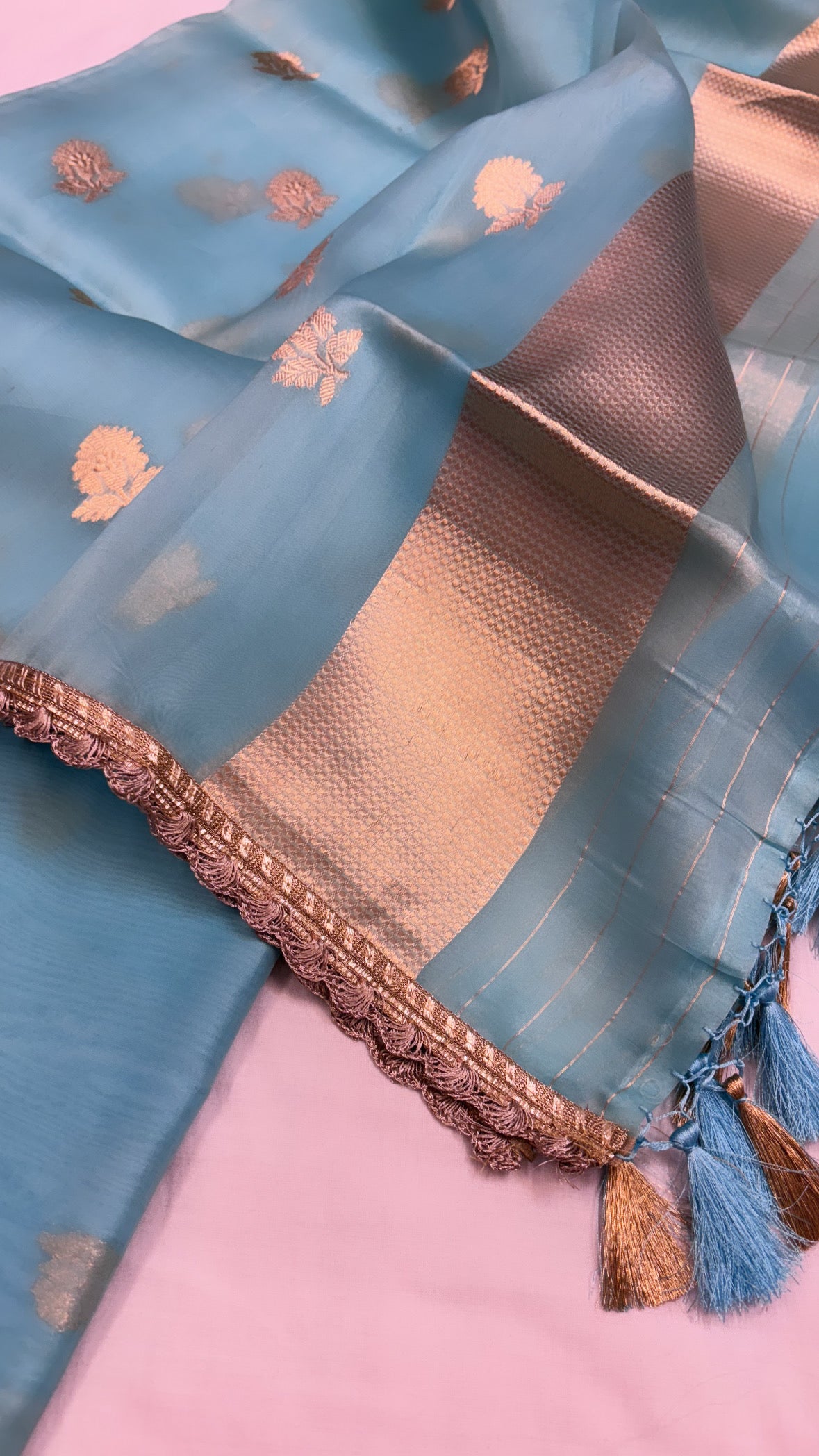 Pure banarasi firozi blue kora silk kadhwa buti stunning suit set with gotapatti work on duppata