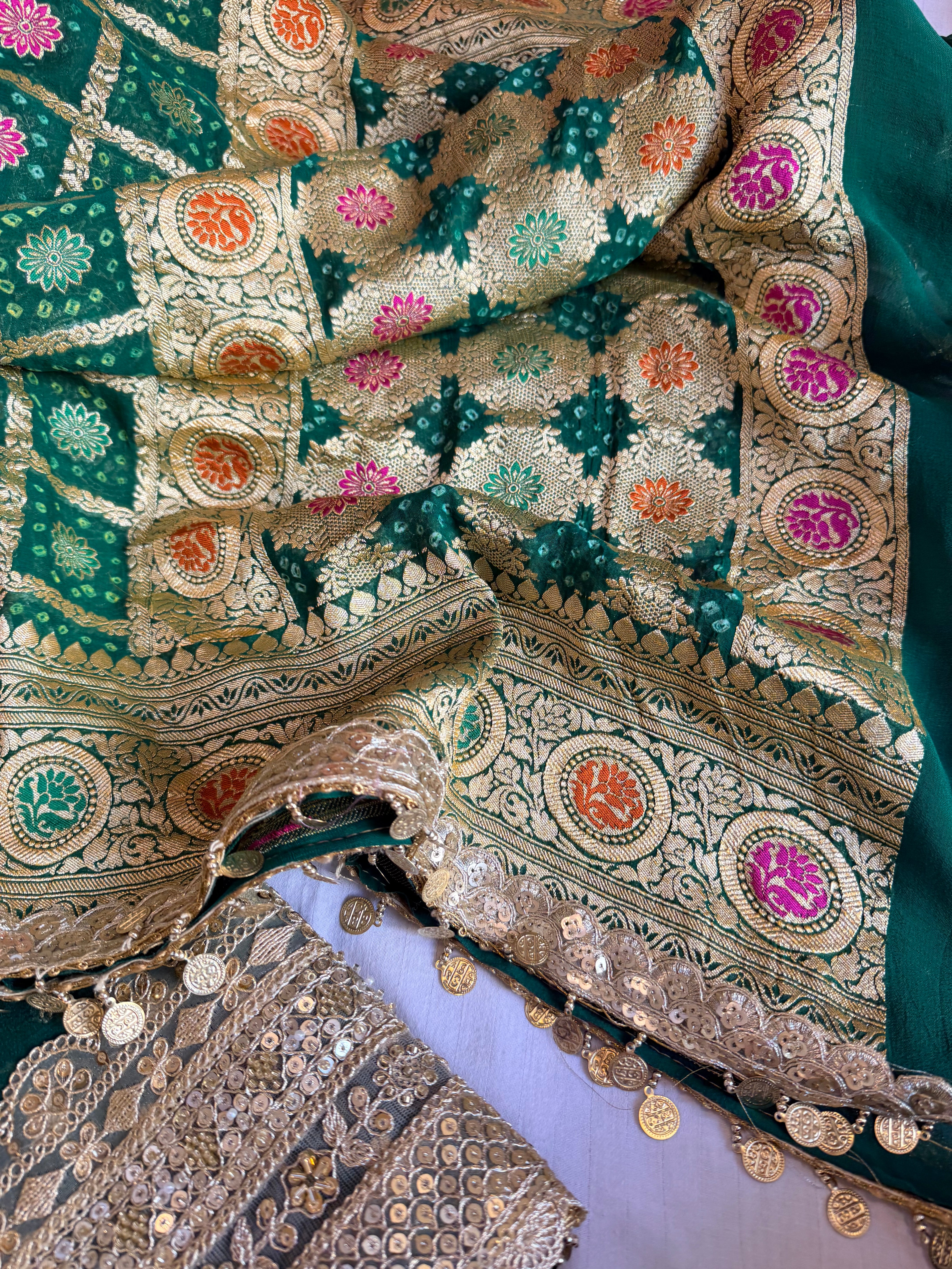 Rai bandhej emerald green banarasi chiffon gorgette gotapatti suits