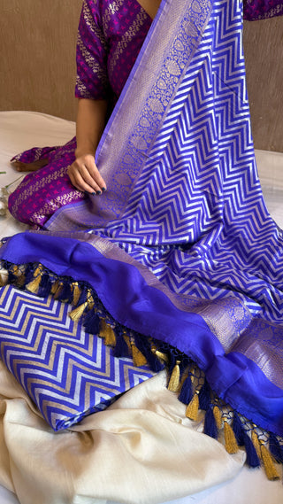 Shocking blue moonga silk sona rupa zari chevron weaving suit set