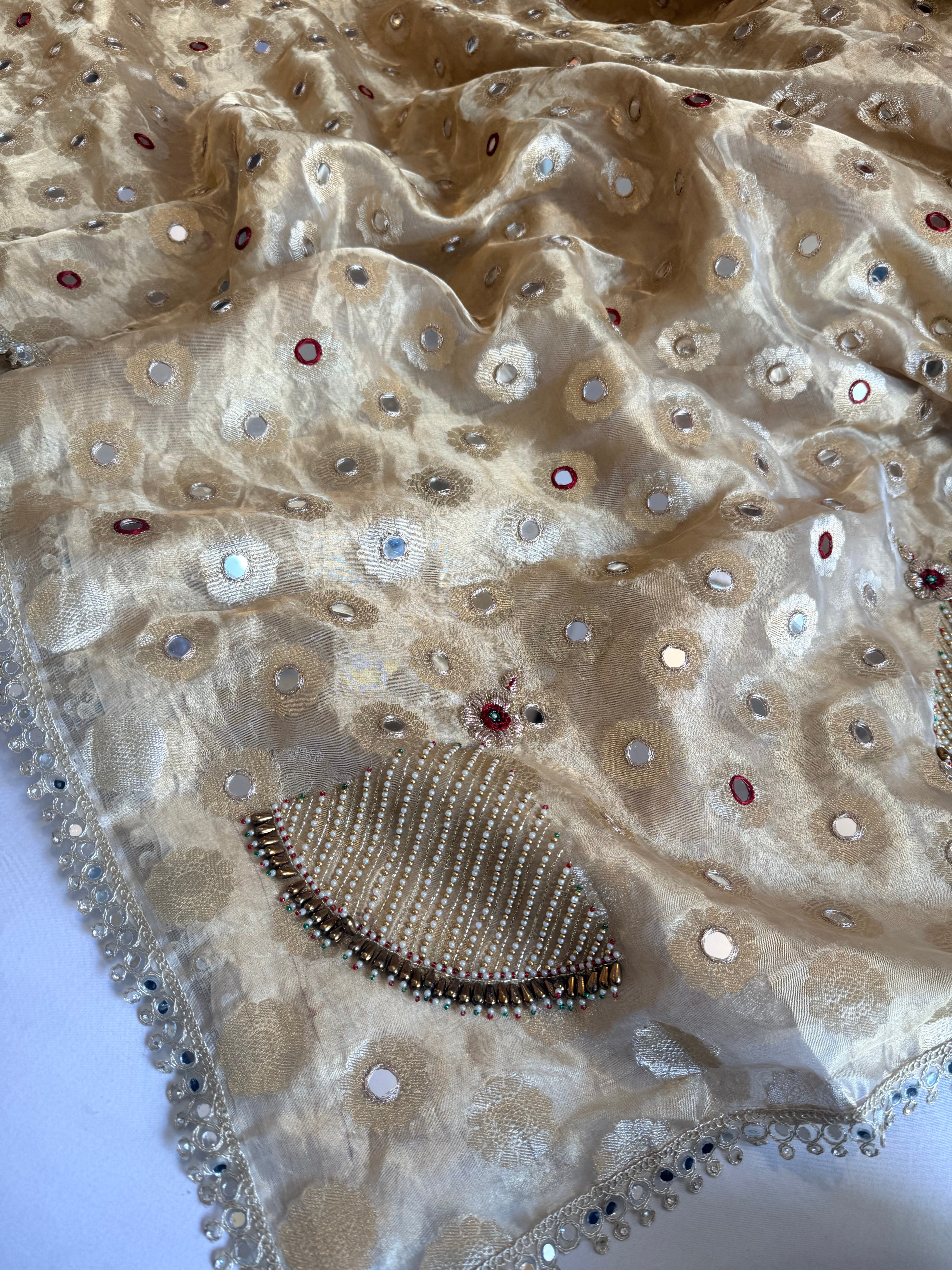 Butter gold tissue silk hand embroidered mirror work kadhwa saree