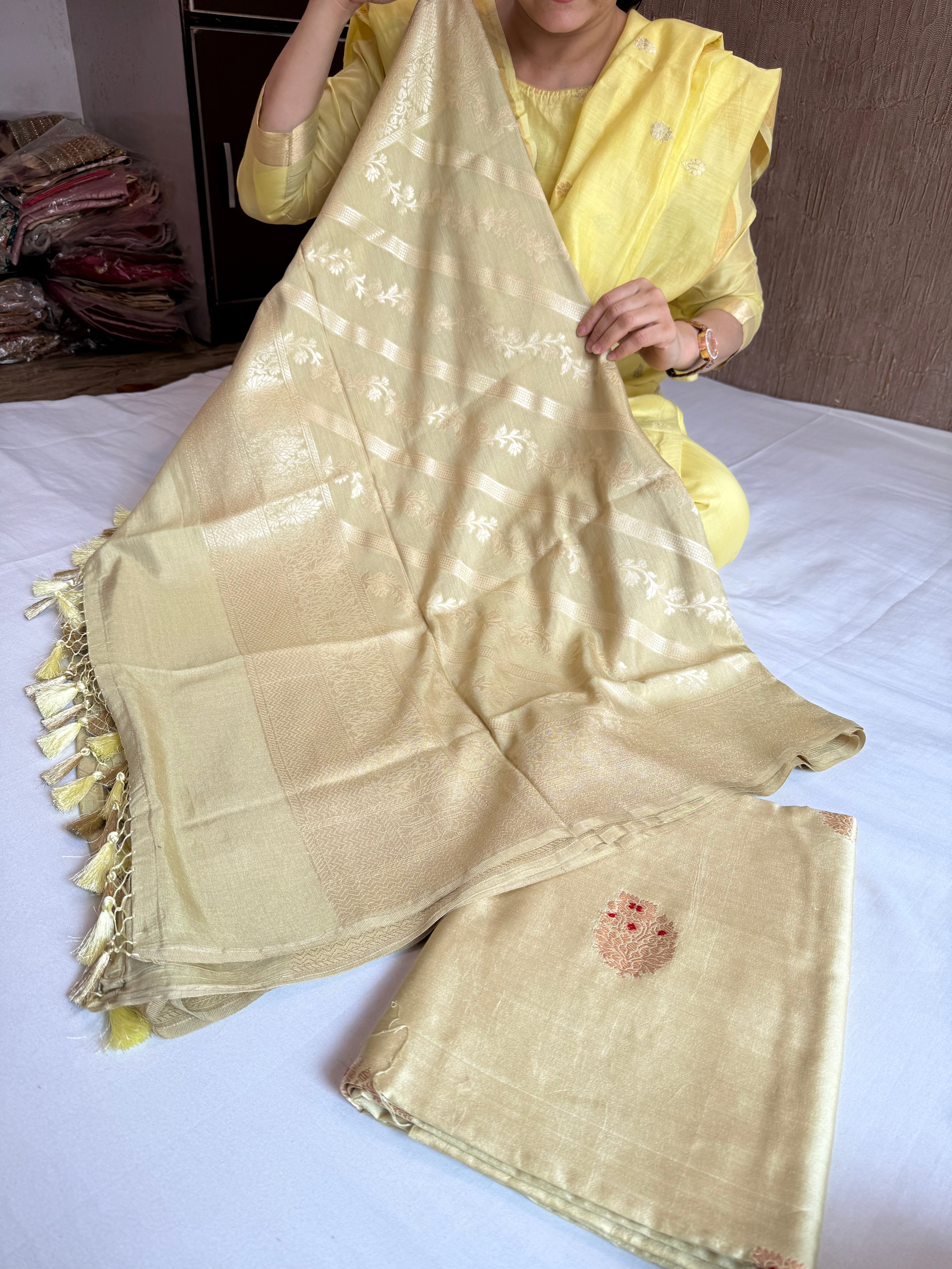 Mint green moonga silk kadhwa buti jungla meenakari suit sets