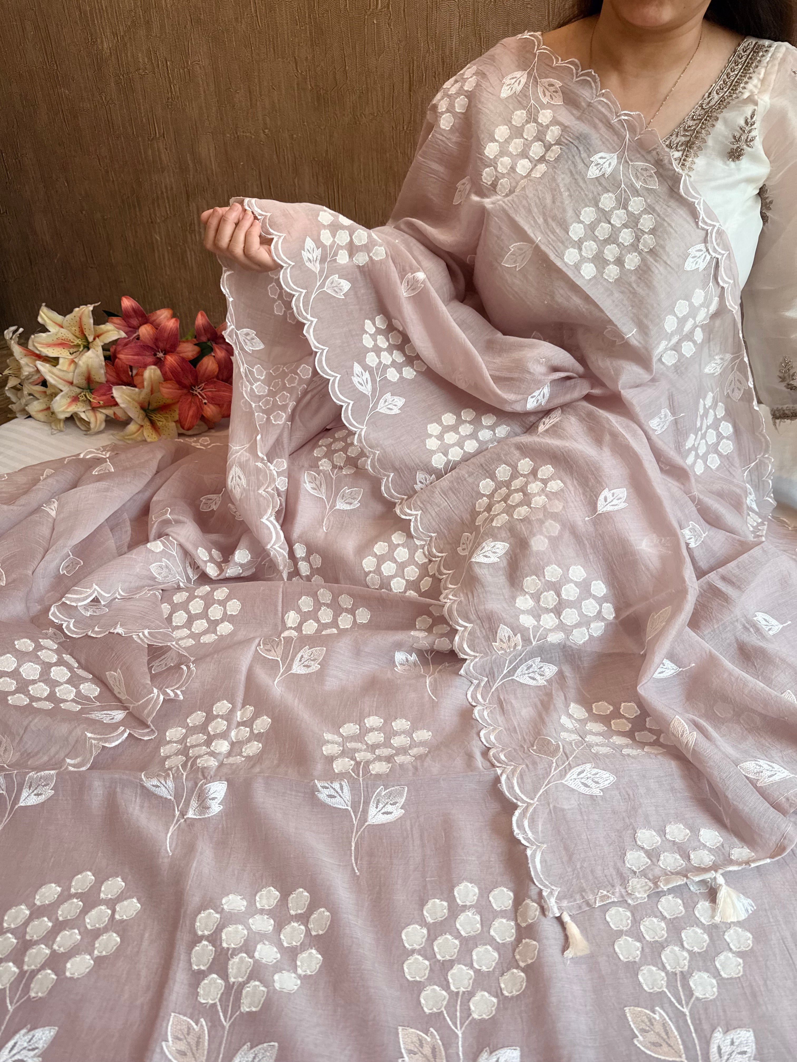 Alia bhatt inspired dusty lilac pink mulmul appliqué work suit set