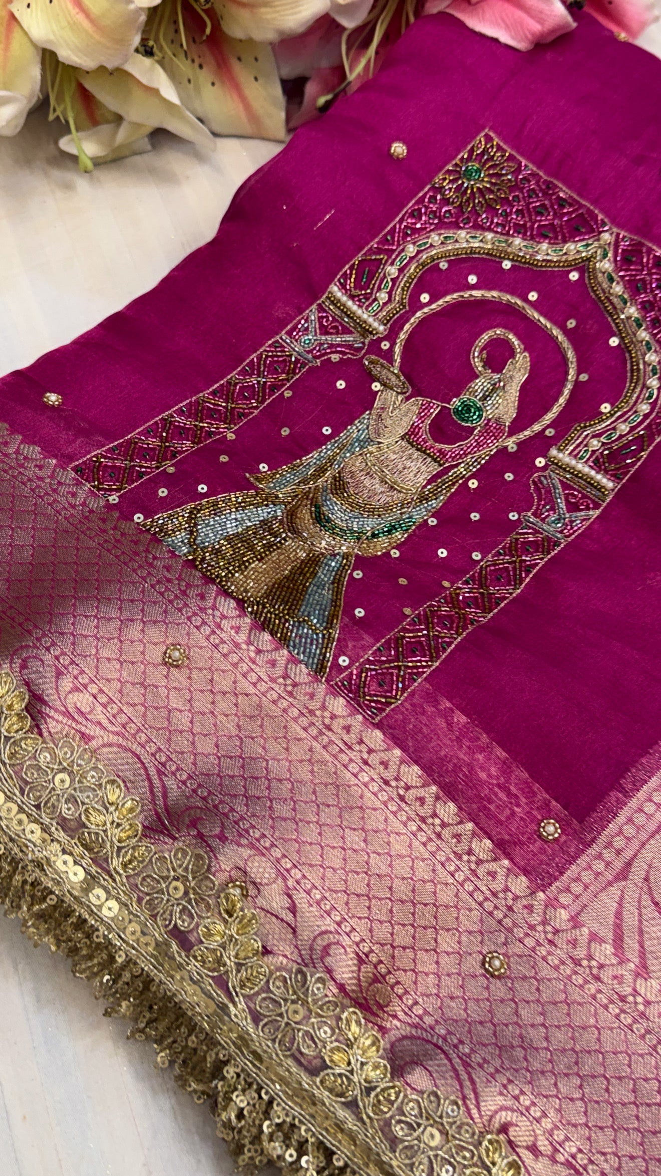 Karwachauth special - Hot metallic pink tissue silk hand embroidered kadhwa saree