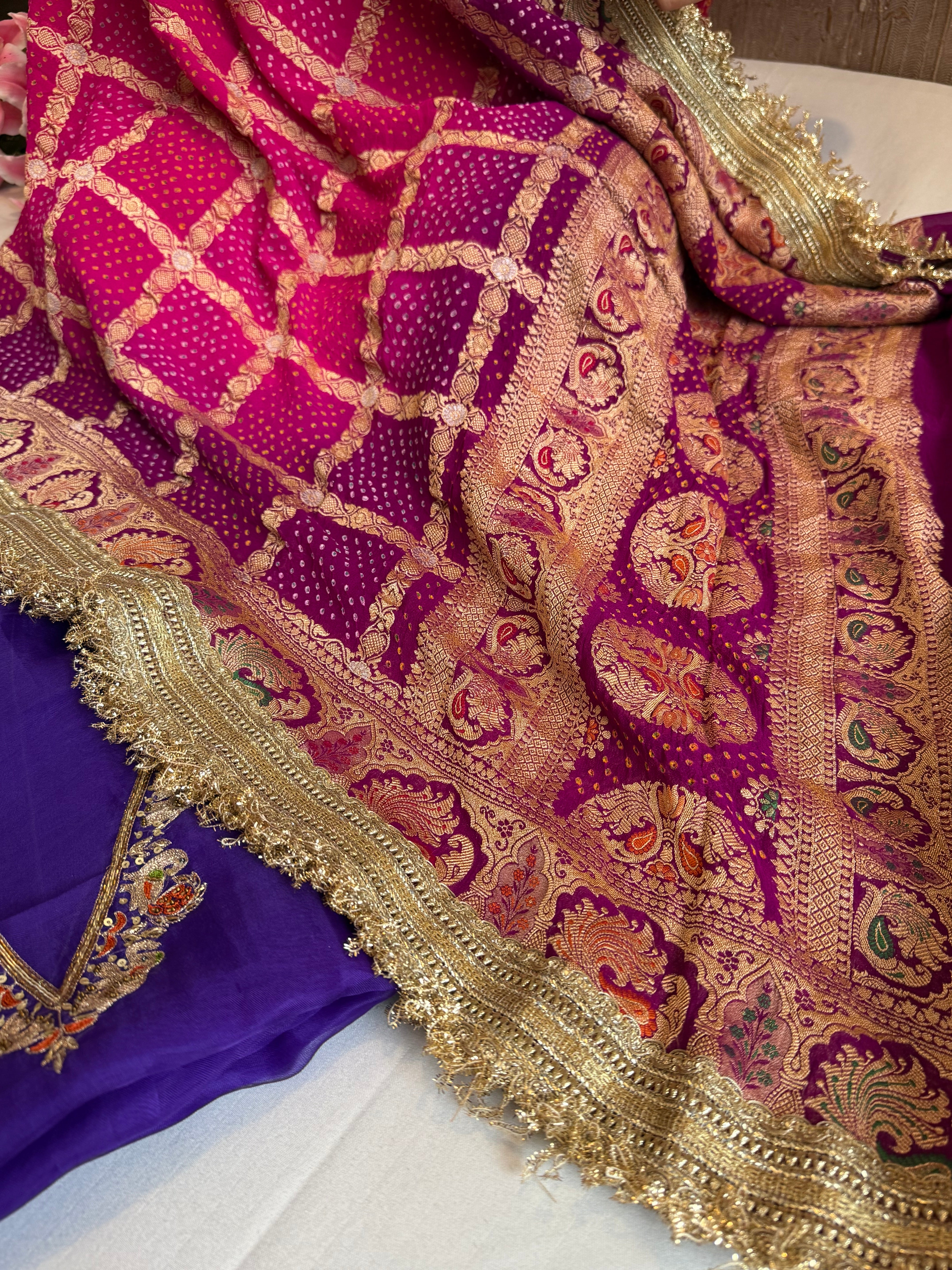 Rai bandhej gorgette kadhwa hand embroidered suit set