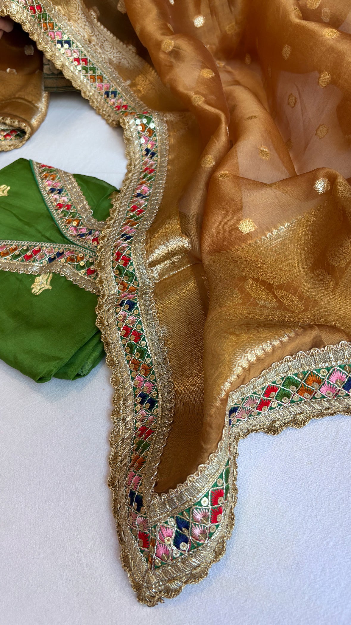 Banarasi green-brown kora silk combination gotapatti suit sets