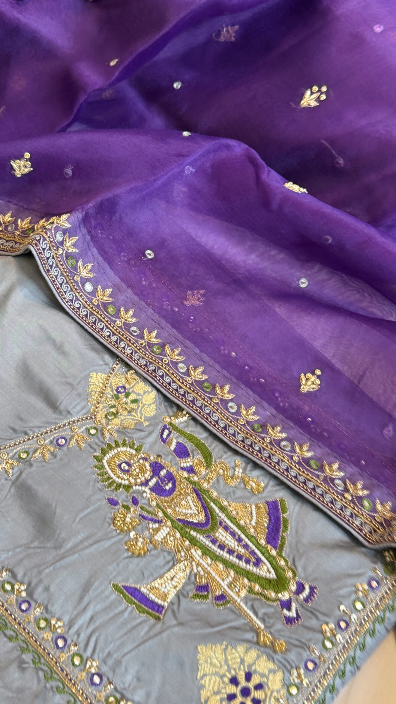 Lavender- grey shade katan silk “shrinathji” motif inspired katan silk hand embroidered suit set