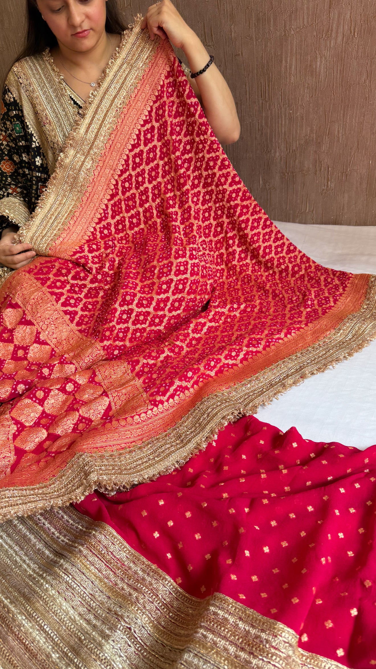 Rani pink banarasi rai bandhej gorgette gotapatti suit set