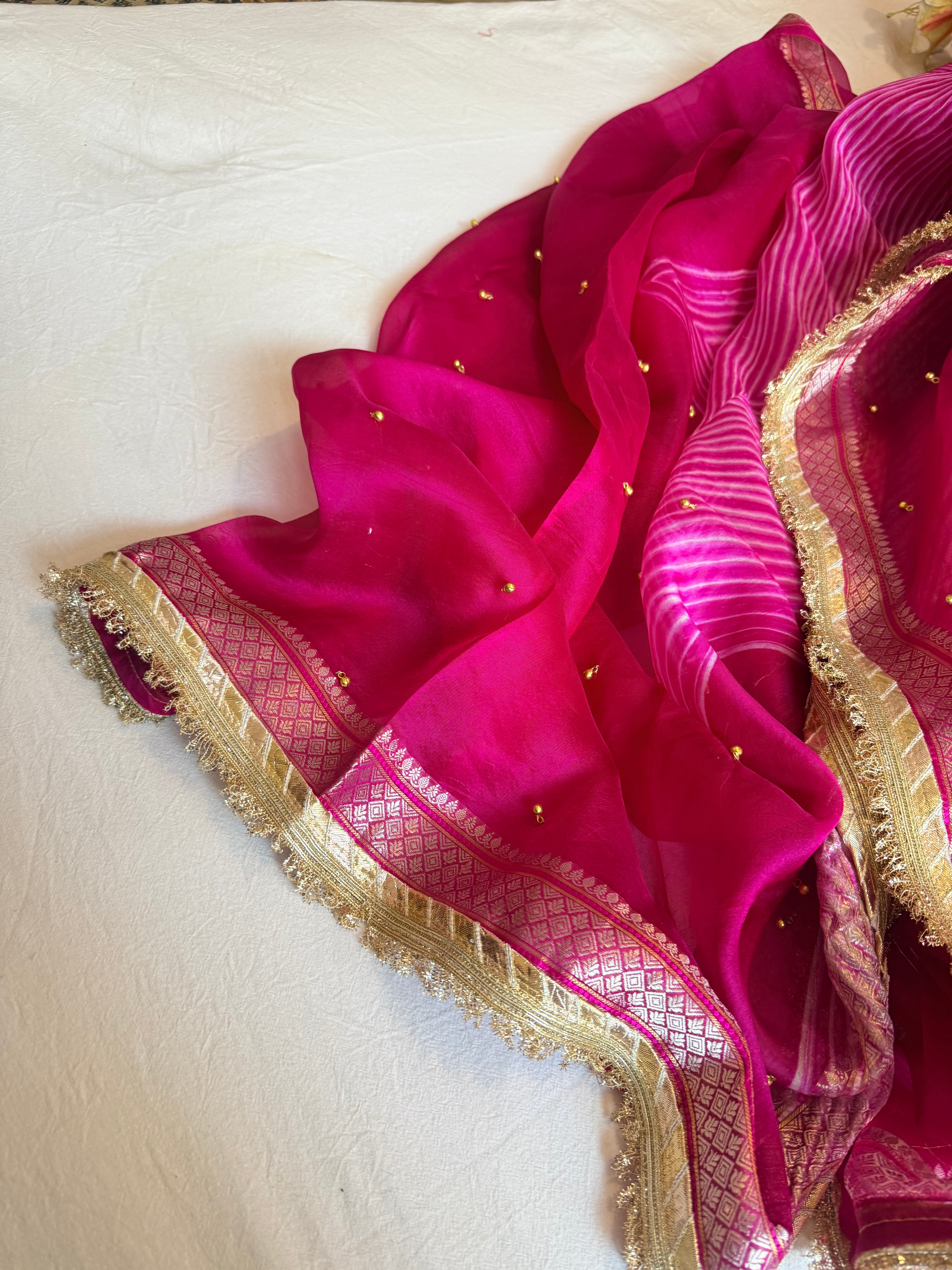 Arshi dye ghungro work kora silk banarasi kadhwa weaving saree