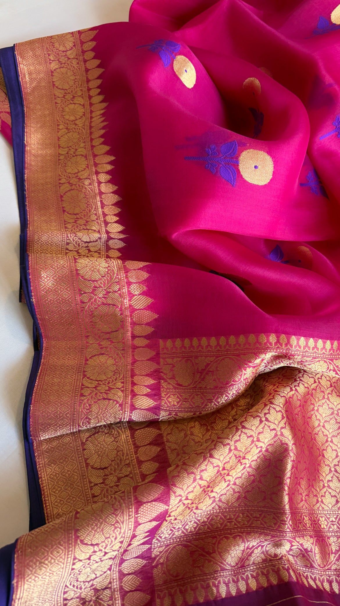 Magenta pink kora silk kadhwa banarasi border saree