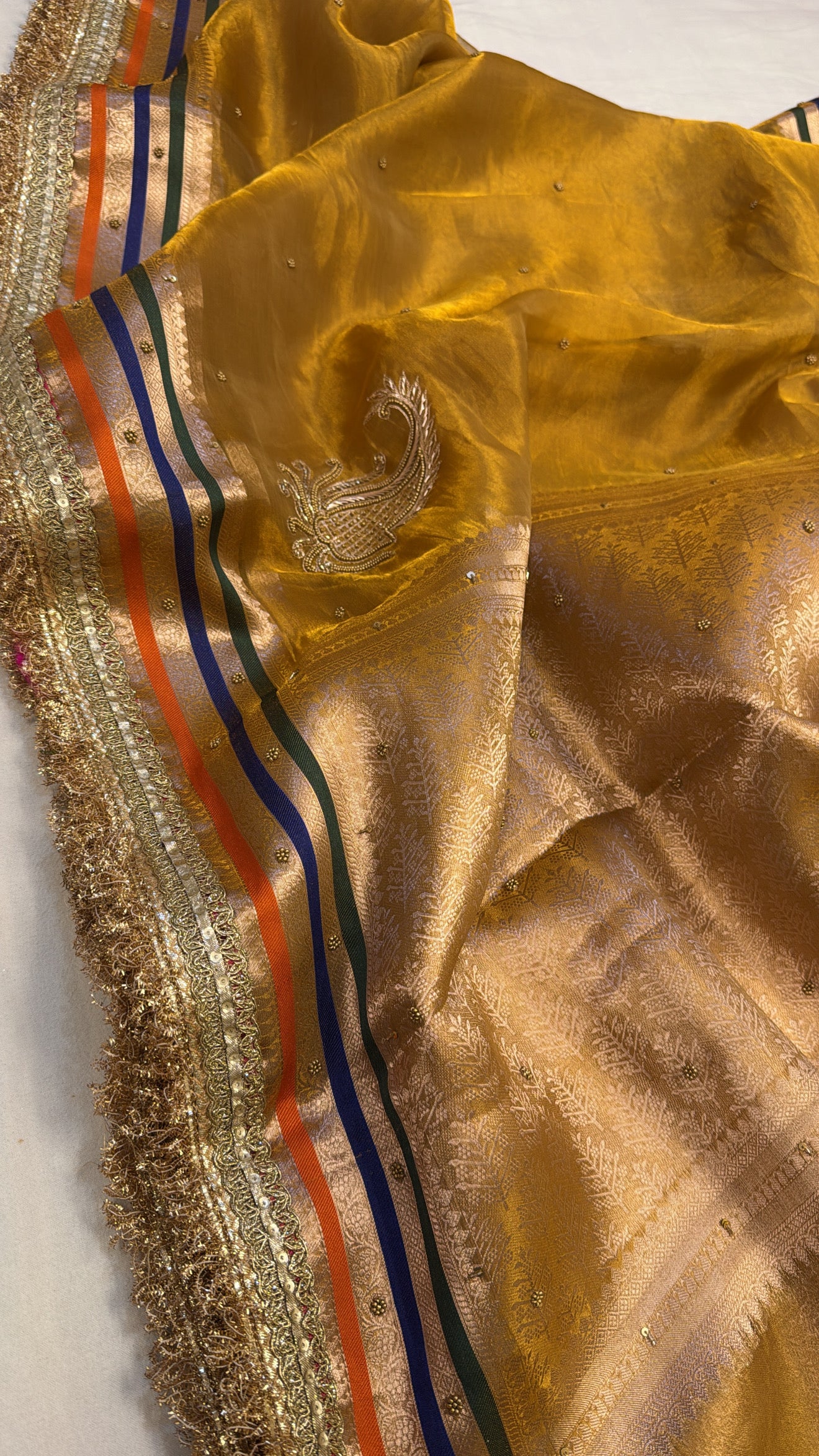 Haldi golden husn tissue silk heavy hand embroidered saree