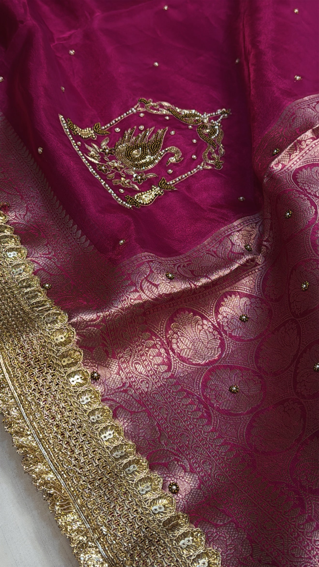 Pink special - Husn lotus pink peacock motif tissue silk hand embroidered saree