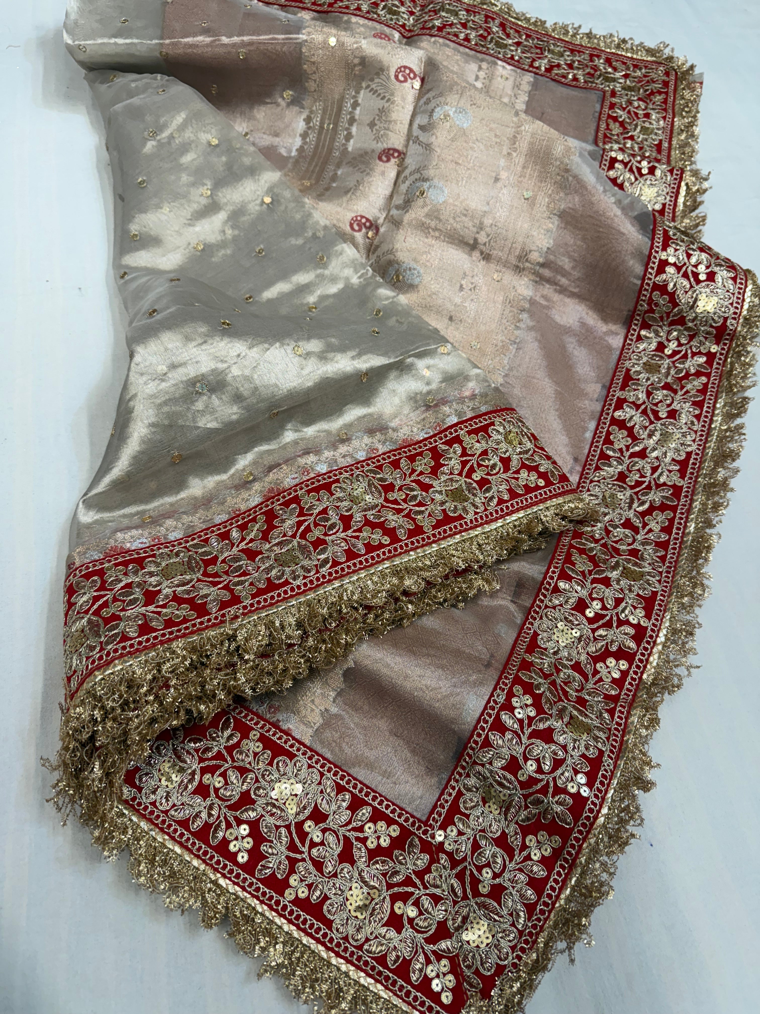Diamond tissue silk chunri buti hand embroidered panetar saree