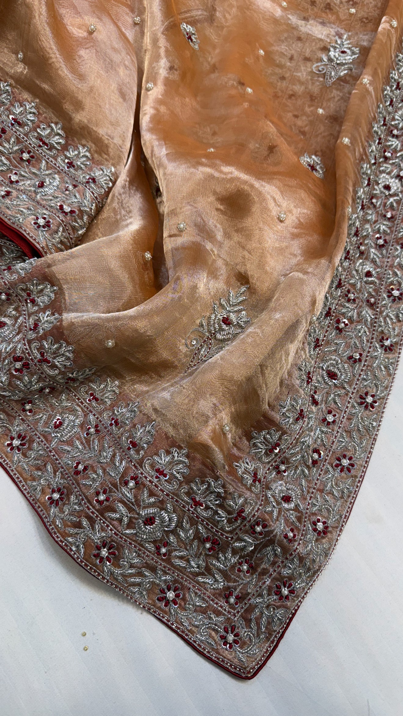 Gulab ki pankhuri husn tissue silk heavy zardozi hand embroidered border saree