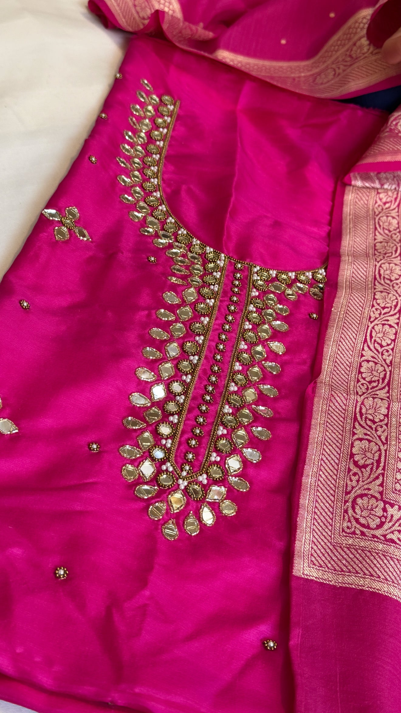 Sheesham rani pink mirror work katan silk kadhwa suit set