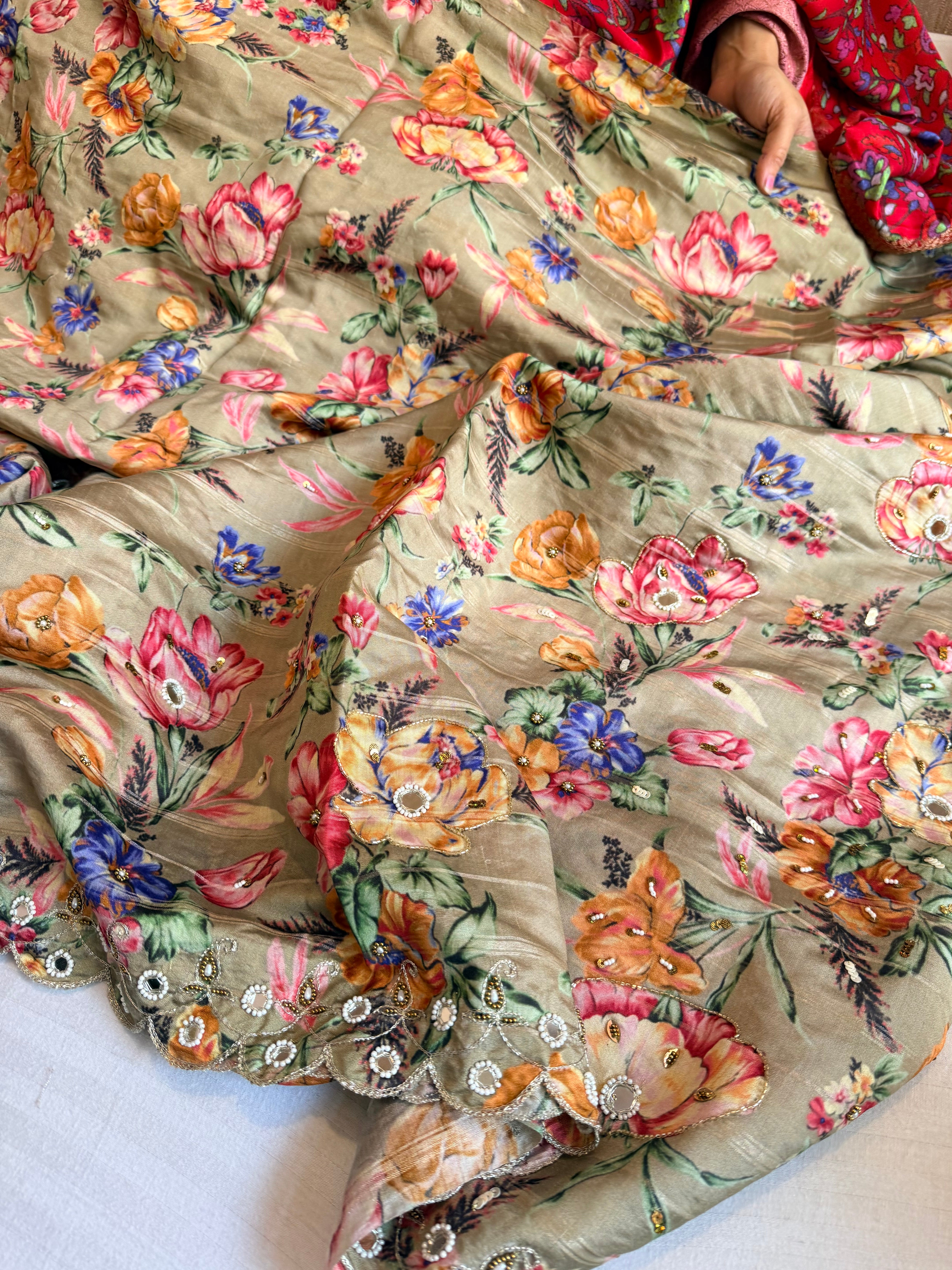 Printed moonga silk hand embroidered kadhwa gotapatti saree