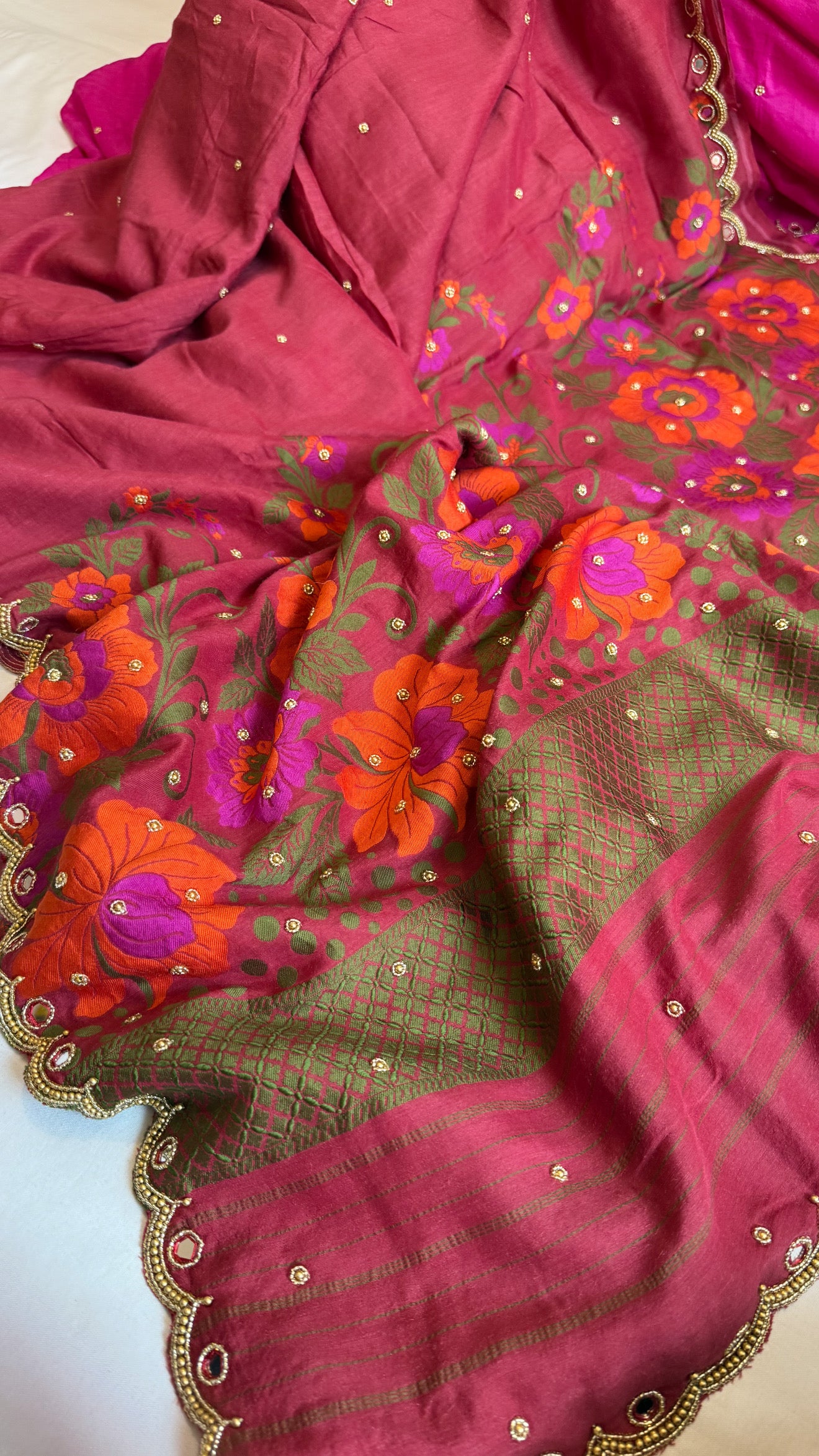 Moonga silk brick gajri pink resham work hand embroidered kadhwa saree