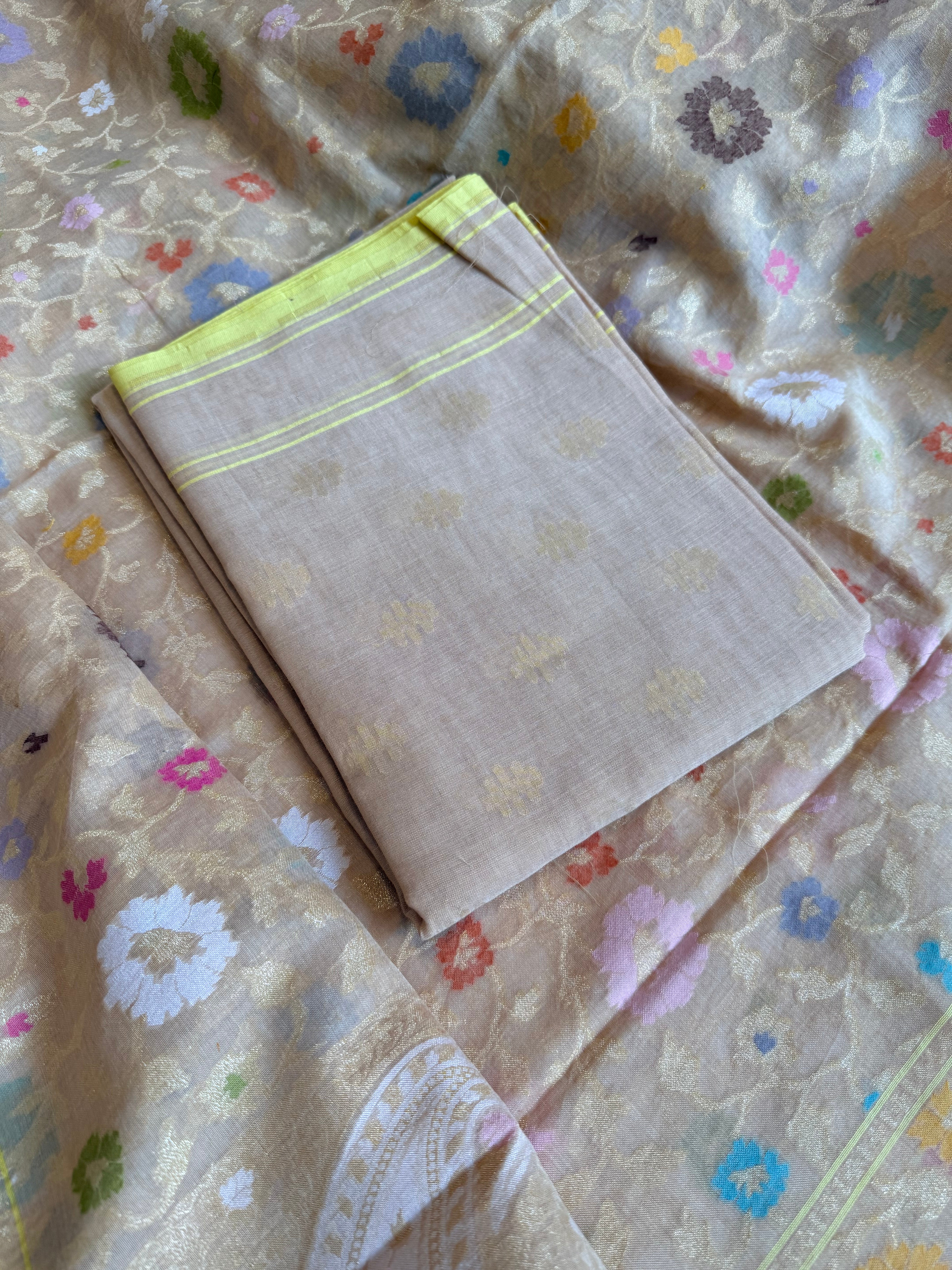 Banarasi iktara jamdani beige sona rupa kadhwa suit set