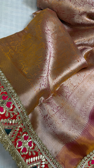 Blush golden pink maharani tissue silk meenakari border saree