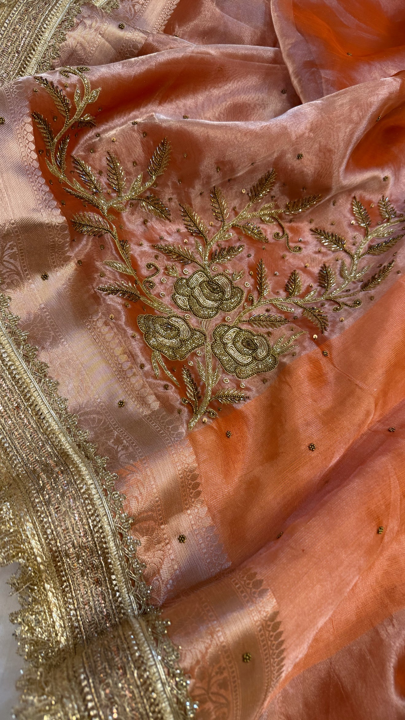 Cocktail edit sarees - Peach tissue silk heavy hand embroidered sarees