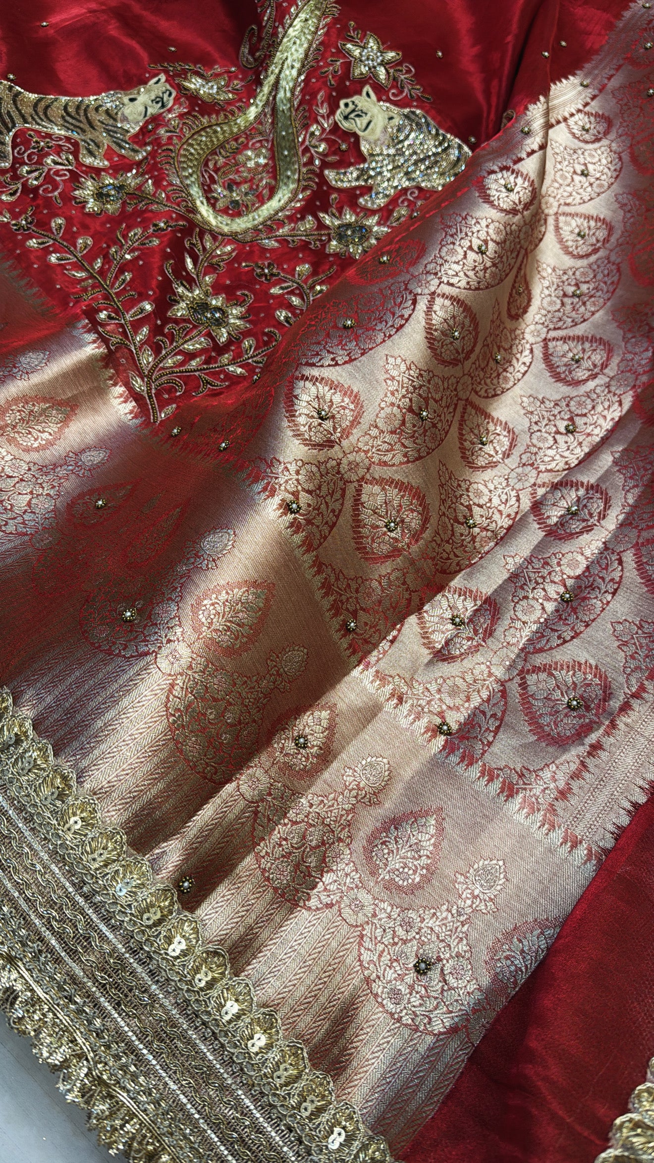 Red special - Husn metallic red tissue silk tiger motif hand embroidered kadhwa saree