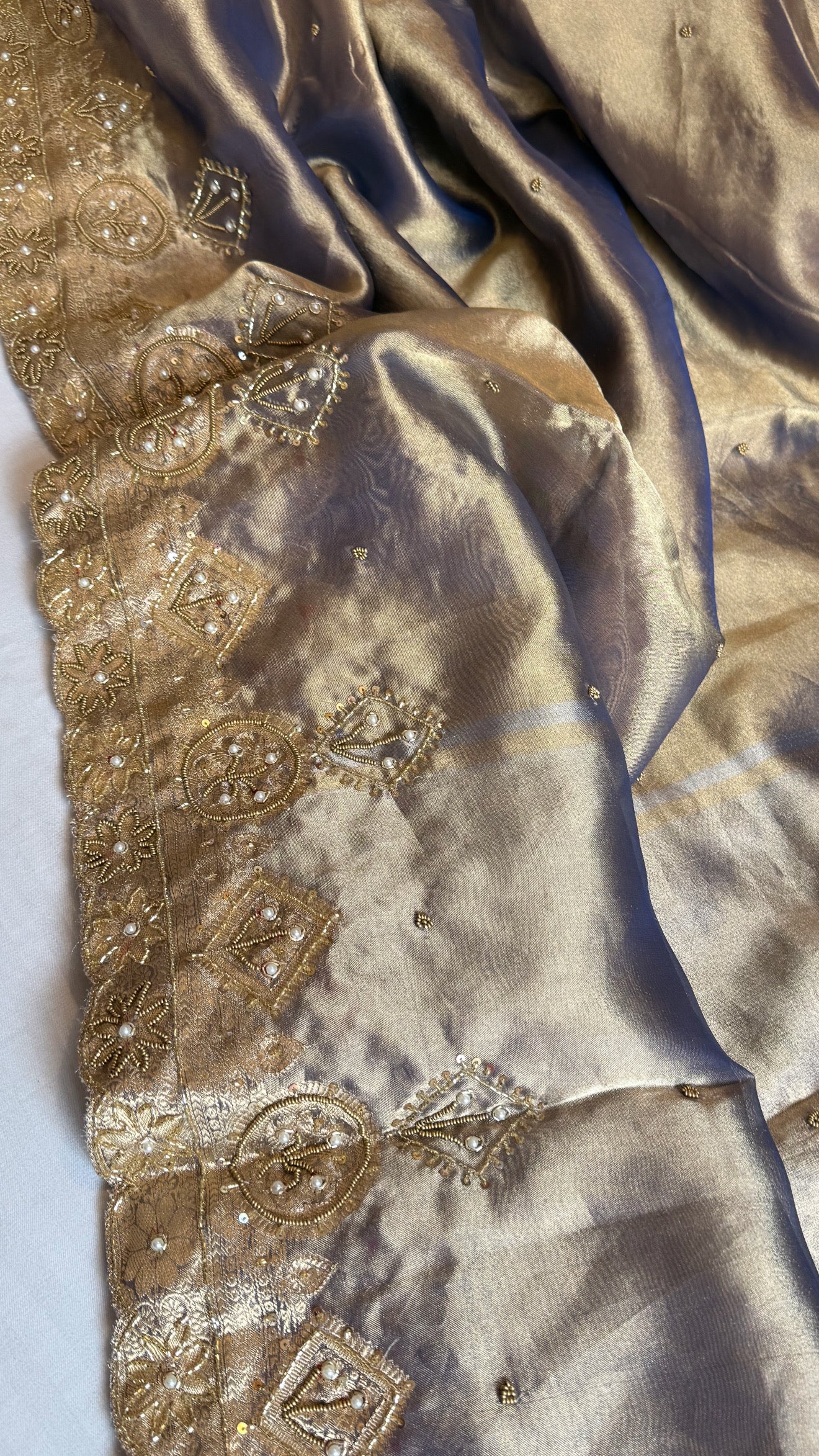 Husn persian blue tissue silk heavy hand embroidered zardozi saree