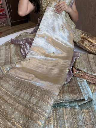 Lehenga style saree edit - Champagne gold diamond tissue silk tilli work gotapatti skirt border saree