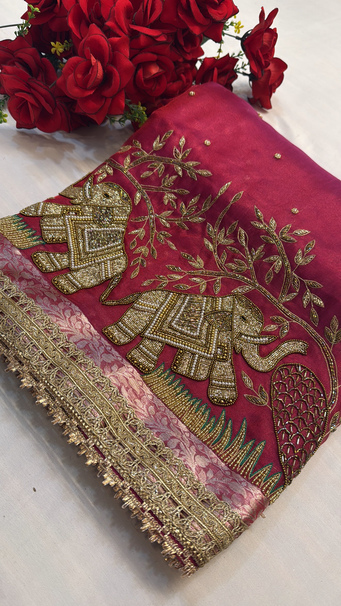 Dulhan ka joda husn red tissue silk hand embroidered saree