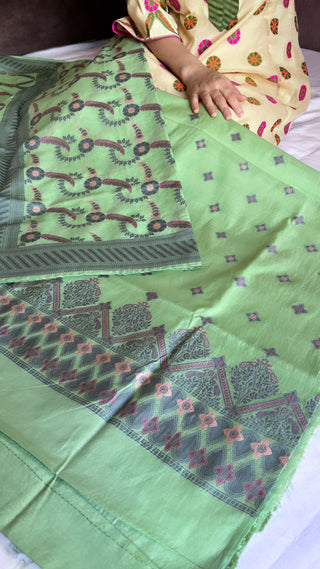 Banarasi candy green cotton resham meenedar suit set