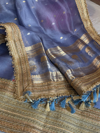 Dusty blue kora silk kadhwa gotapatti work suit set