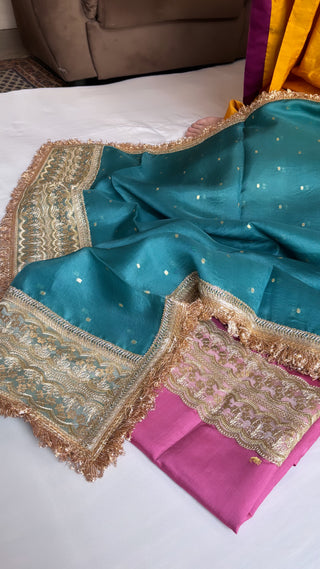 Cherry pink-peacock blue hand embroidered suit set from vyaah wala ghar edit