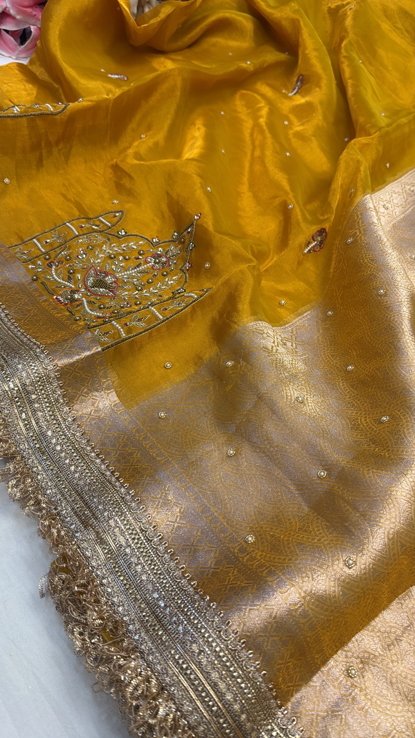 Haldi yellow husn tissue silk hand embroidered kadhwa saree