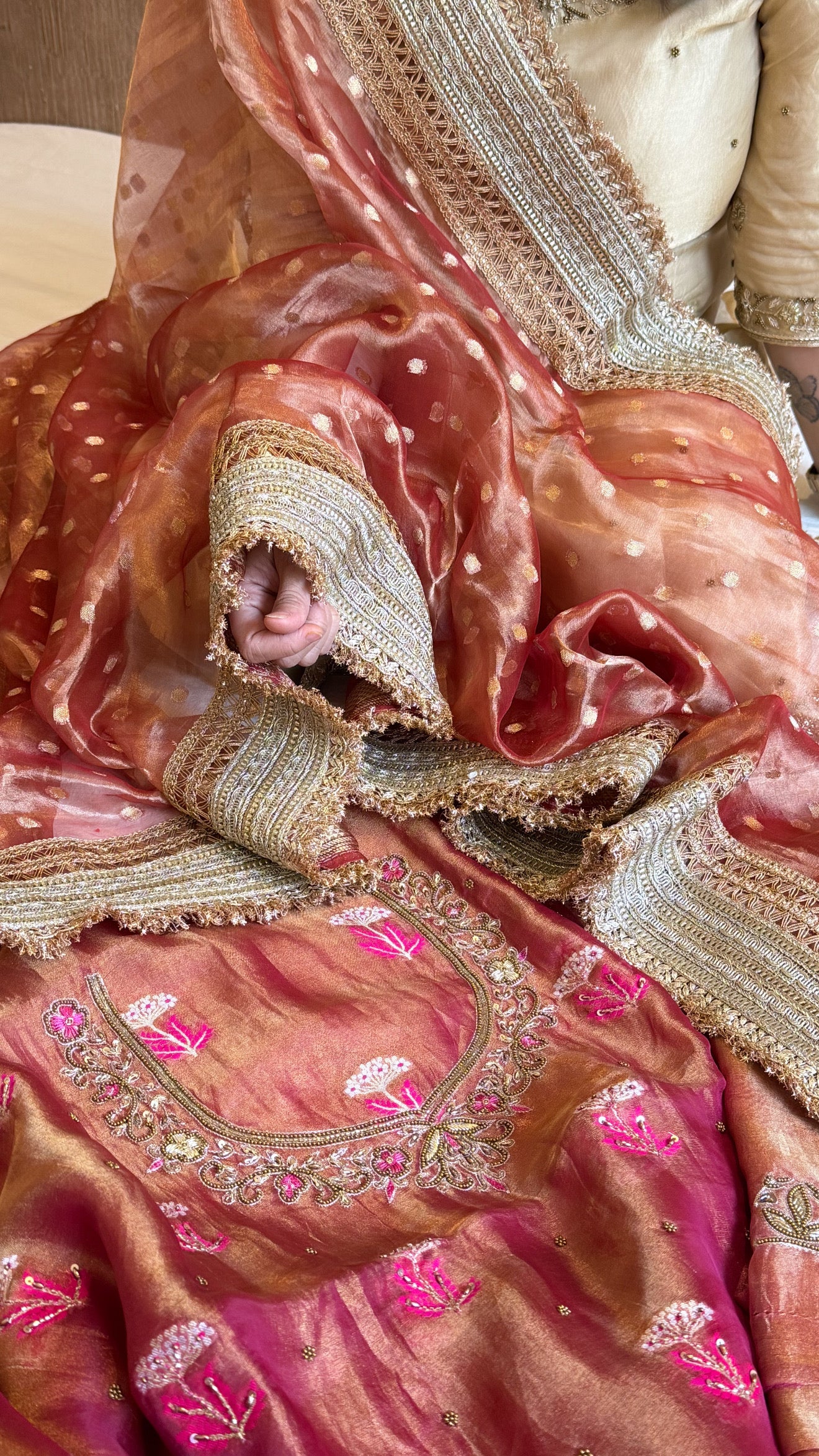 Gajri pinkish red tissue silk heeramandi hand embroidered kadhwa suit set