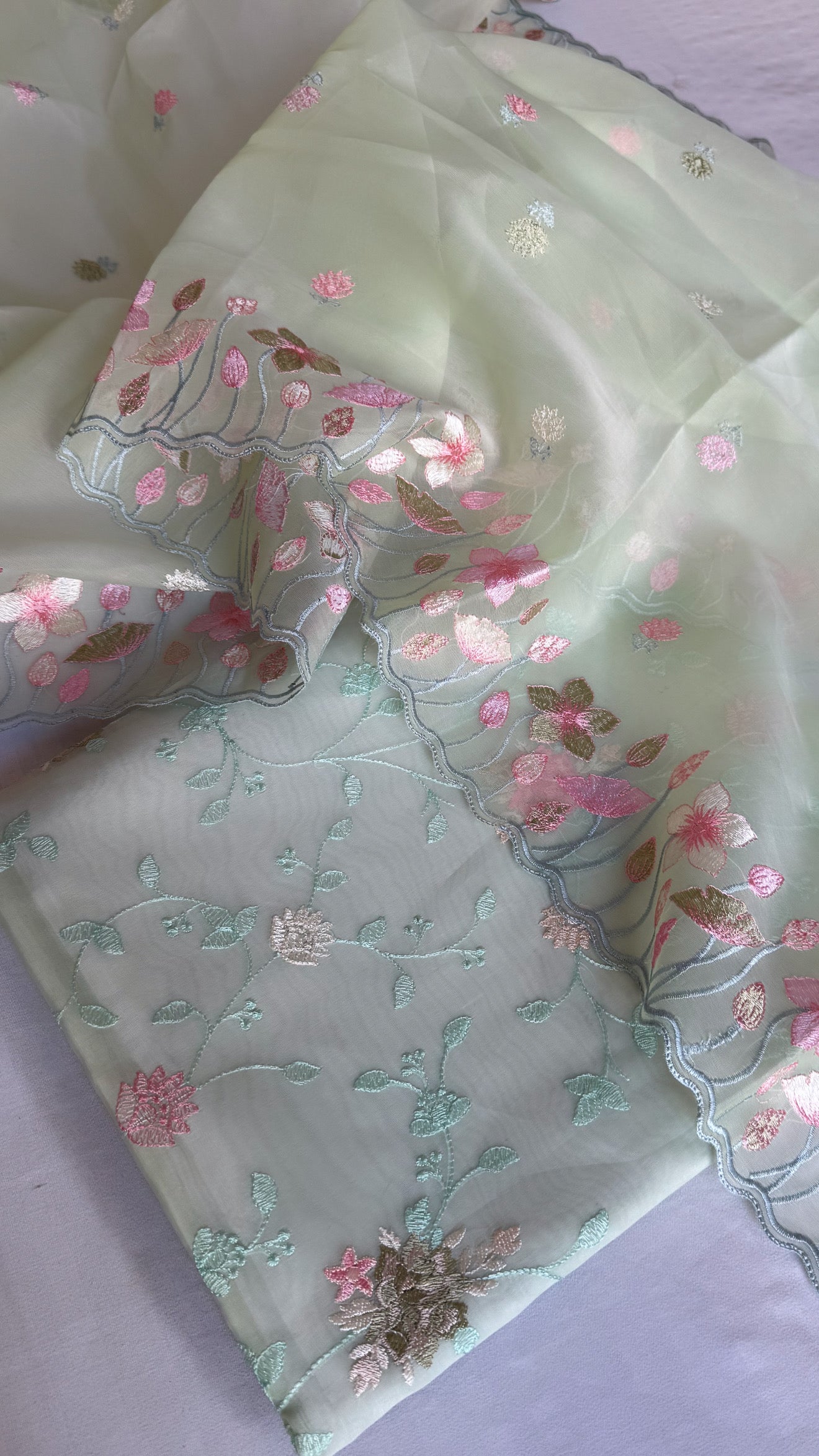 Mint green banarasi kora silk Parsi gara hand embroidered kadhwa suit set