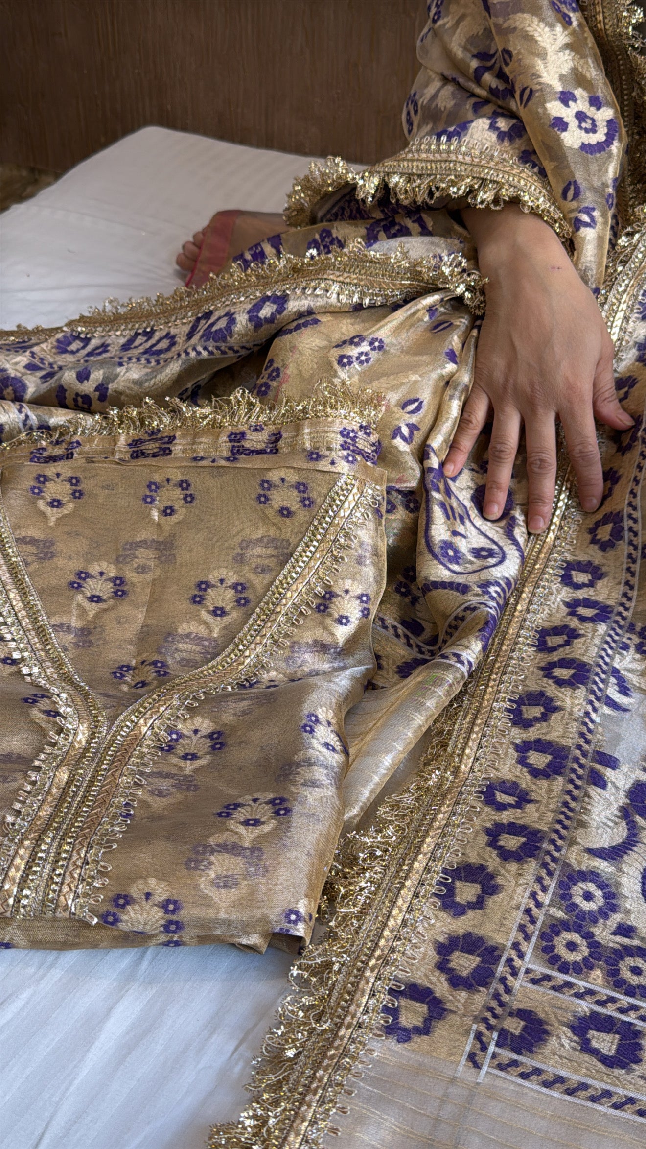 Vivah edit - Golden tissue silk jamdani meenakari weaving hand embroidered kadhwa suit set