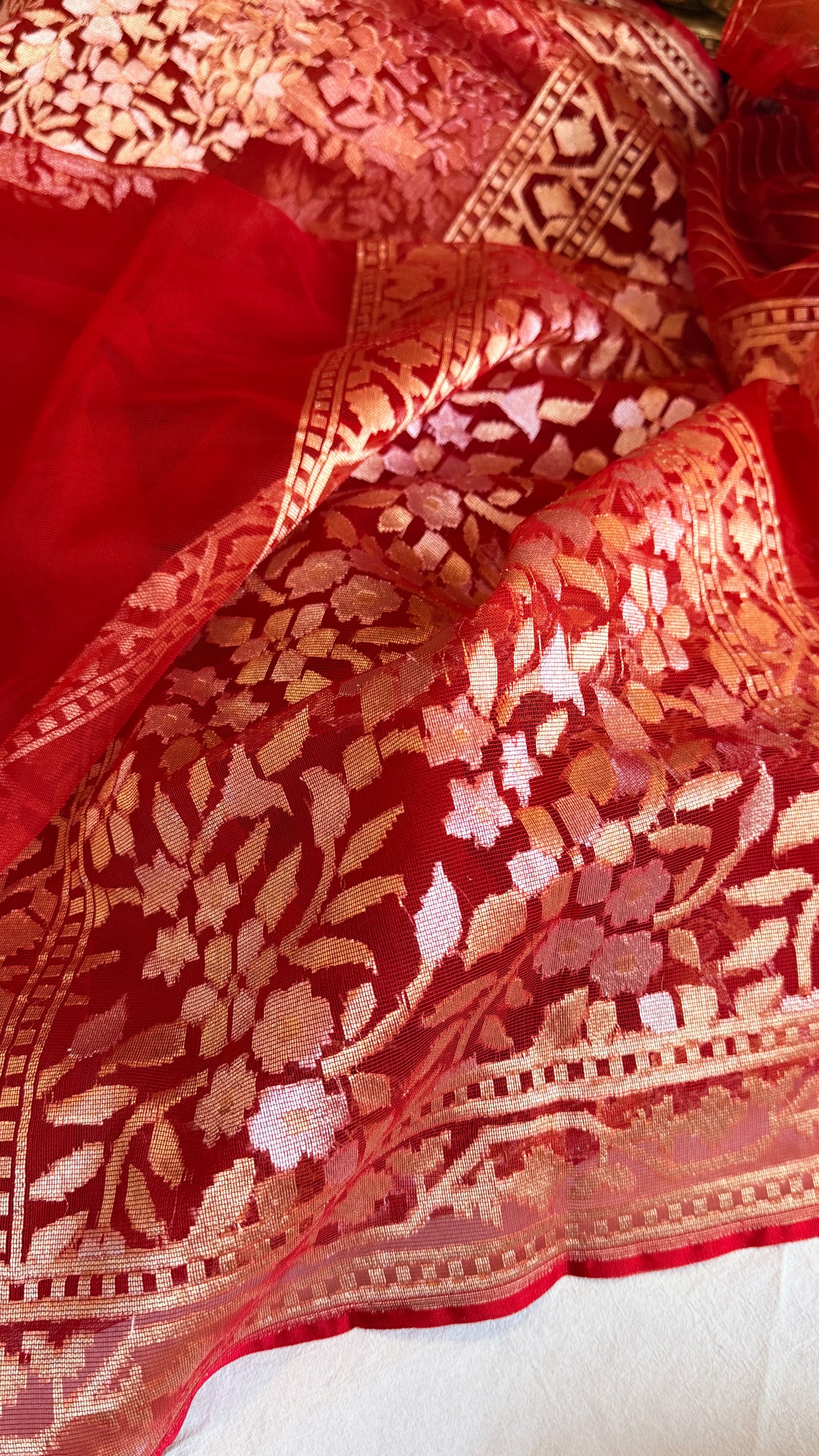 Banarasi silk net edit - Blood red silk net kadhwa sona rupa jamdani saree