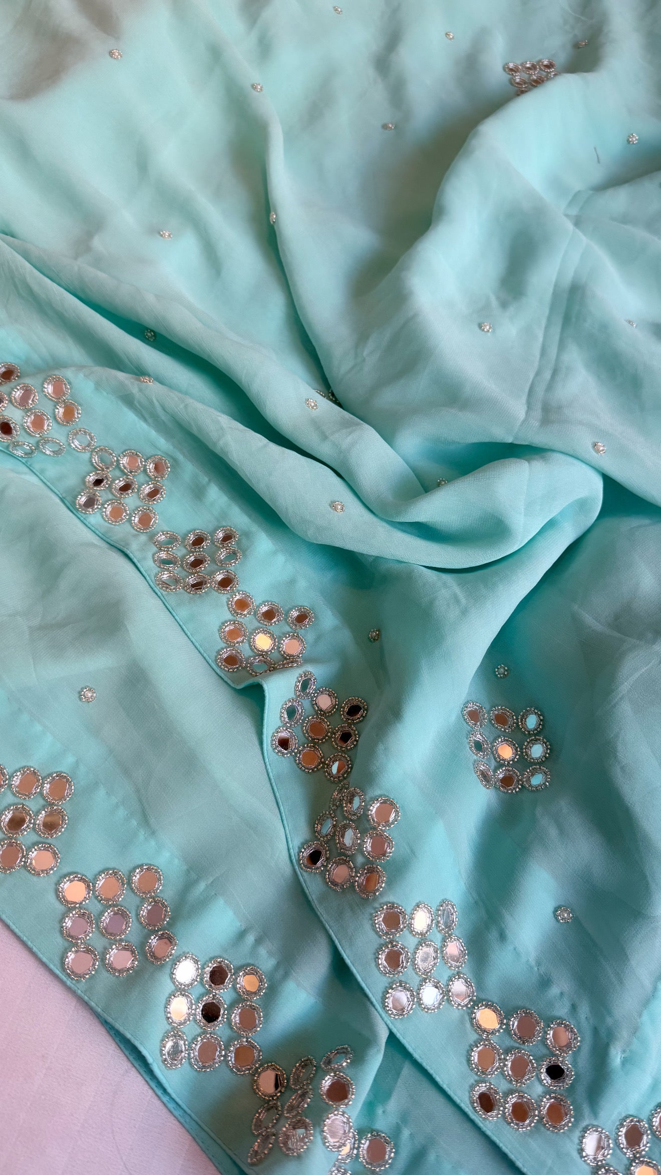 Mother’s Day offer - Blush blue chiffon gorgette mirrorwork hand embroidered sarees