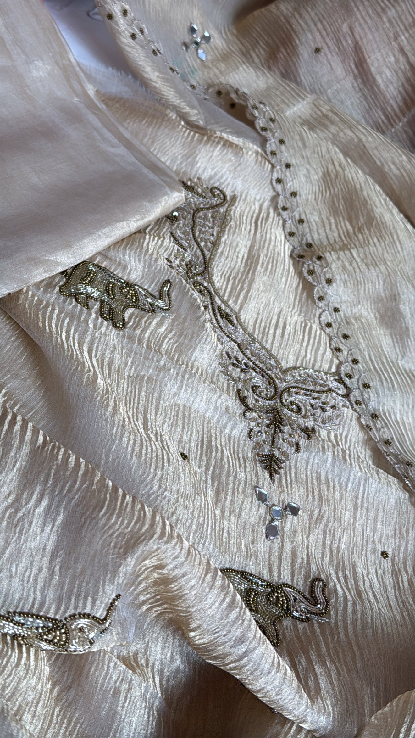 Soft golden crushed tissue silk hand embroidered heeramandi kadhwa suit set