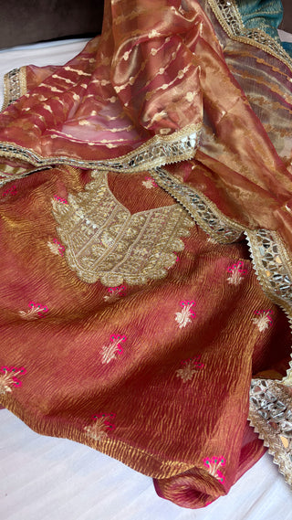 Rani pink heeramandi mirror work crushed tissue silk suit set