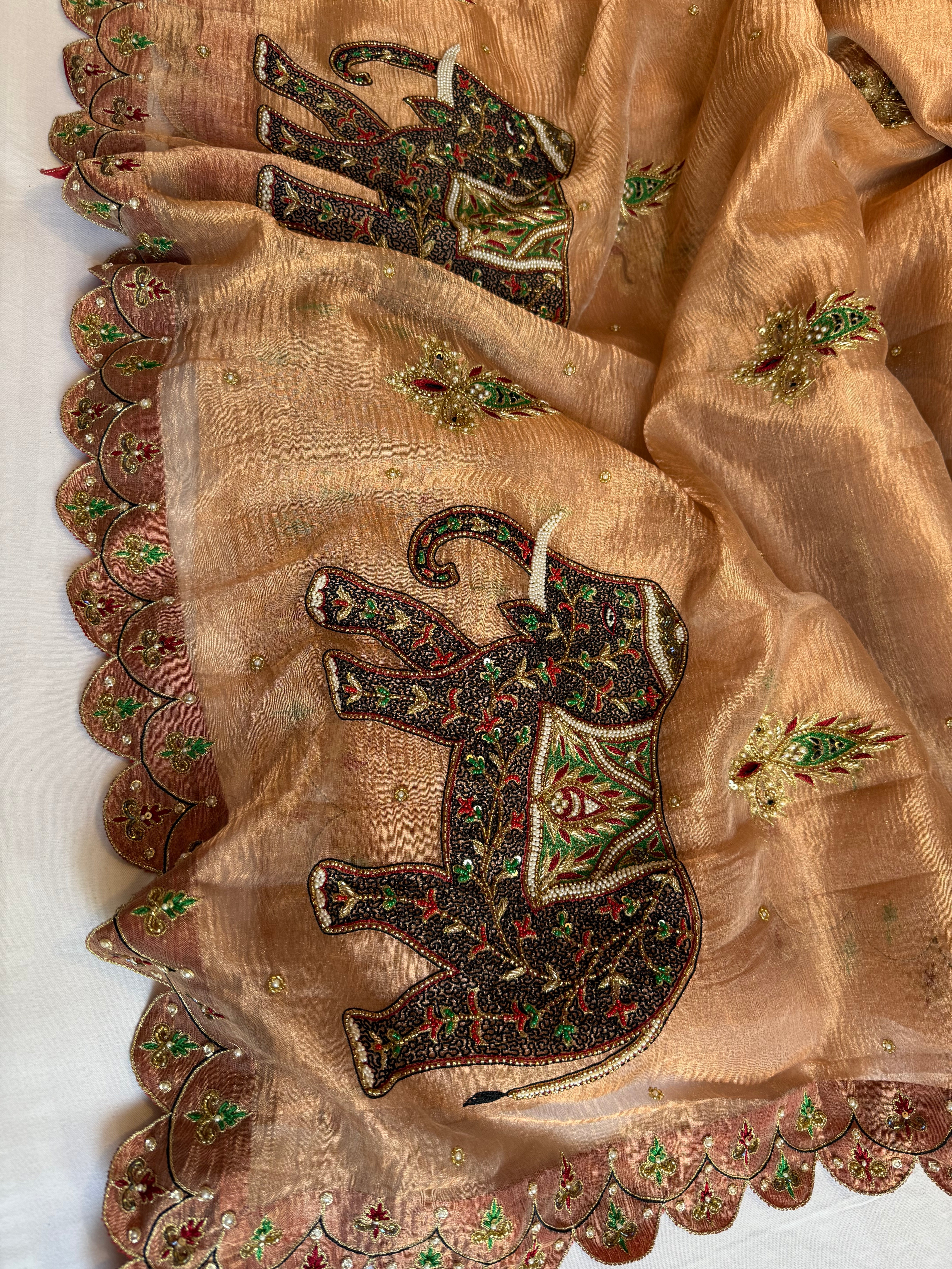 GajGamini copper crushed tissue silk elephant motif heavy hand embroidered saree